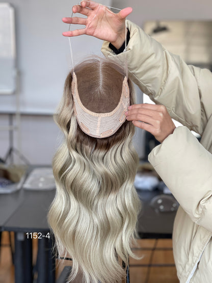 Ash Brown Dark-Root Long Wavy Human Hair Topper Mini Wig, product view 11
