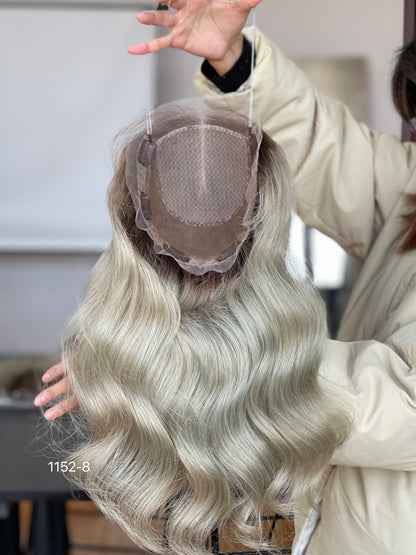 Chocolate Brown Dark-Root Blonde Highlighted Long Wavy Human Hair Topper Mini Wig, product view 11