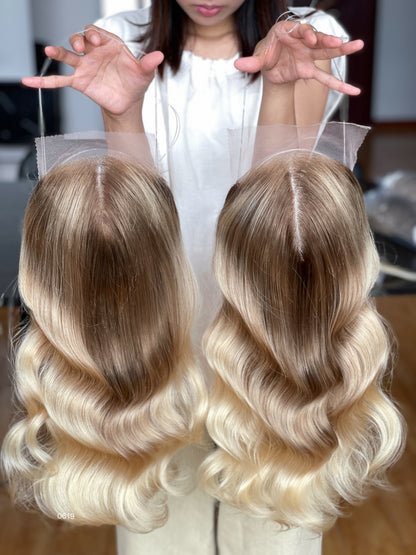 Warm Brown Dark-Root Blonde Highlighted Long Wavy Human Hair Topper Mini Wig, product view 9