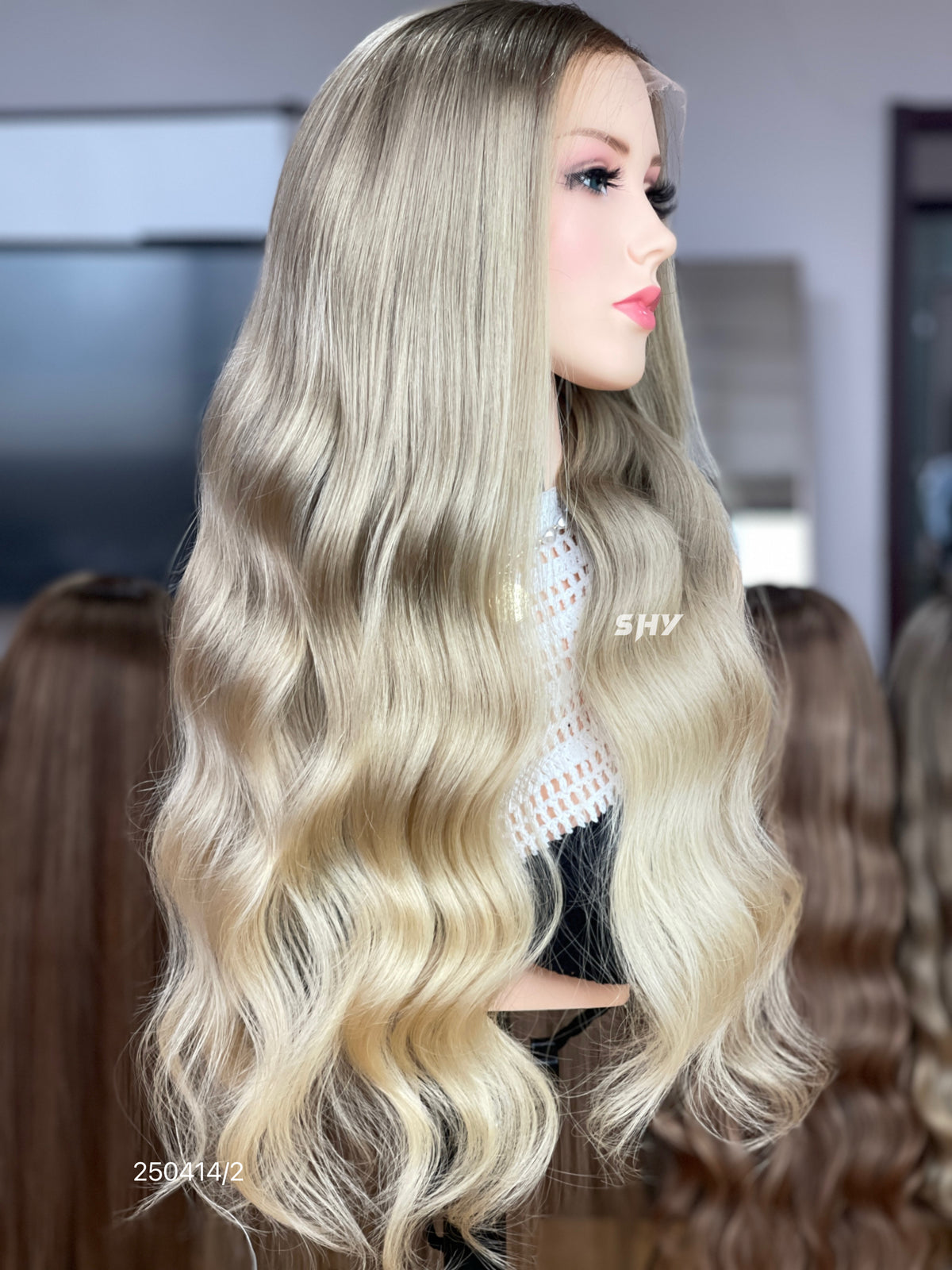 Ash Blonde Dark Root Middle-Part Body Wave Human Hair Lace Front Glueless Medical Wig, product view 13