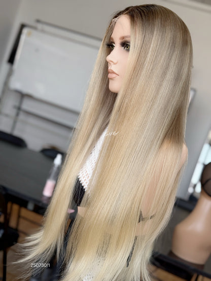 Pale Blonde Middle-Part Long Straight Human Hair Lace Front Glueless Medical Wig, product view 13
