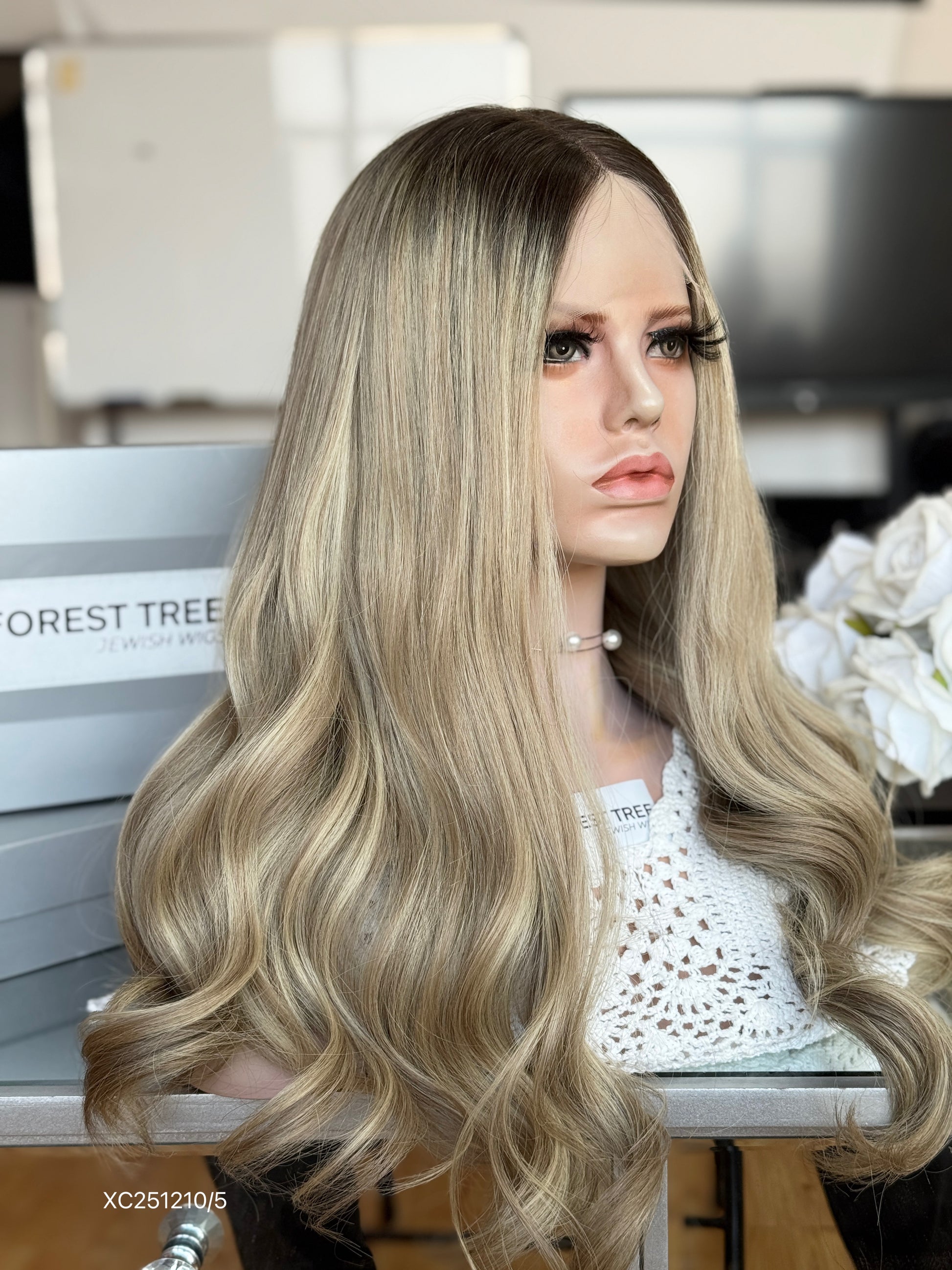 Dark Root Champagne Blonde Long Wavy Human Hair Sheitel Wig, product view 13