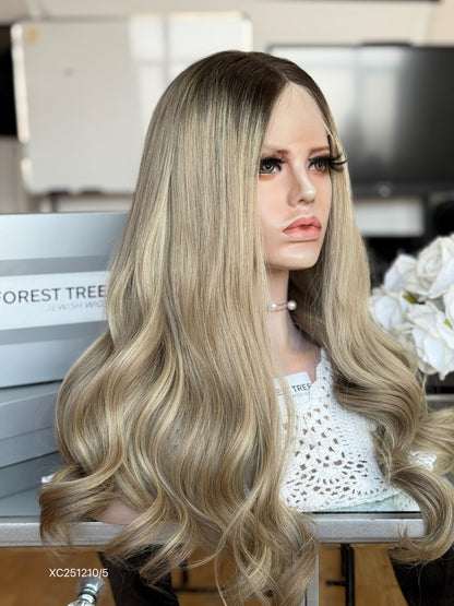 Dark Root Champagne Blonde Long Wavy Human Hair Sheitel Wig, product view 13