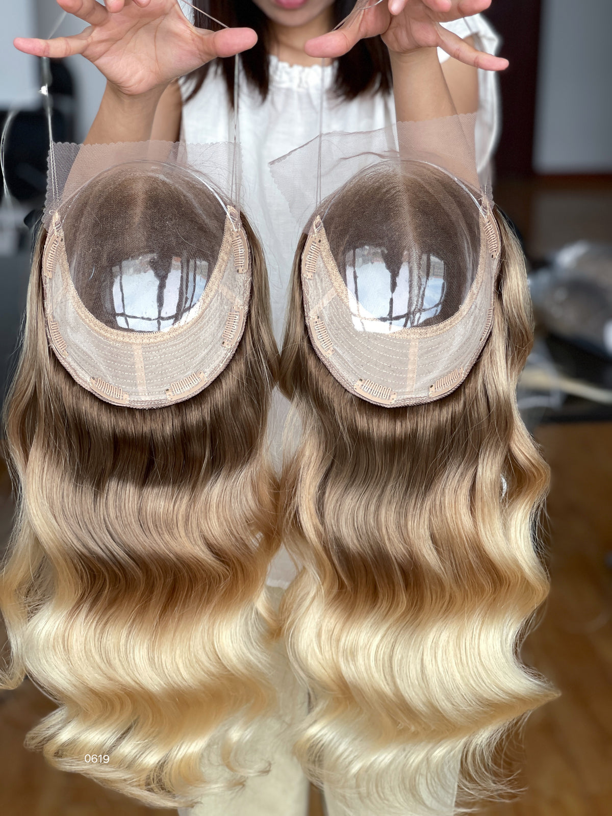 Warm Brown Dark-Root Blonde Highlighted Long Wavy Human Hair Topper Mini Wig, product view 10