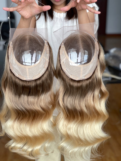 Warm Brown Dark-Root Blonde Highlighted Long Wavy Human Hair Topper Mini Wig, product view 10