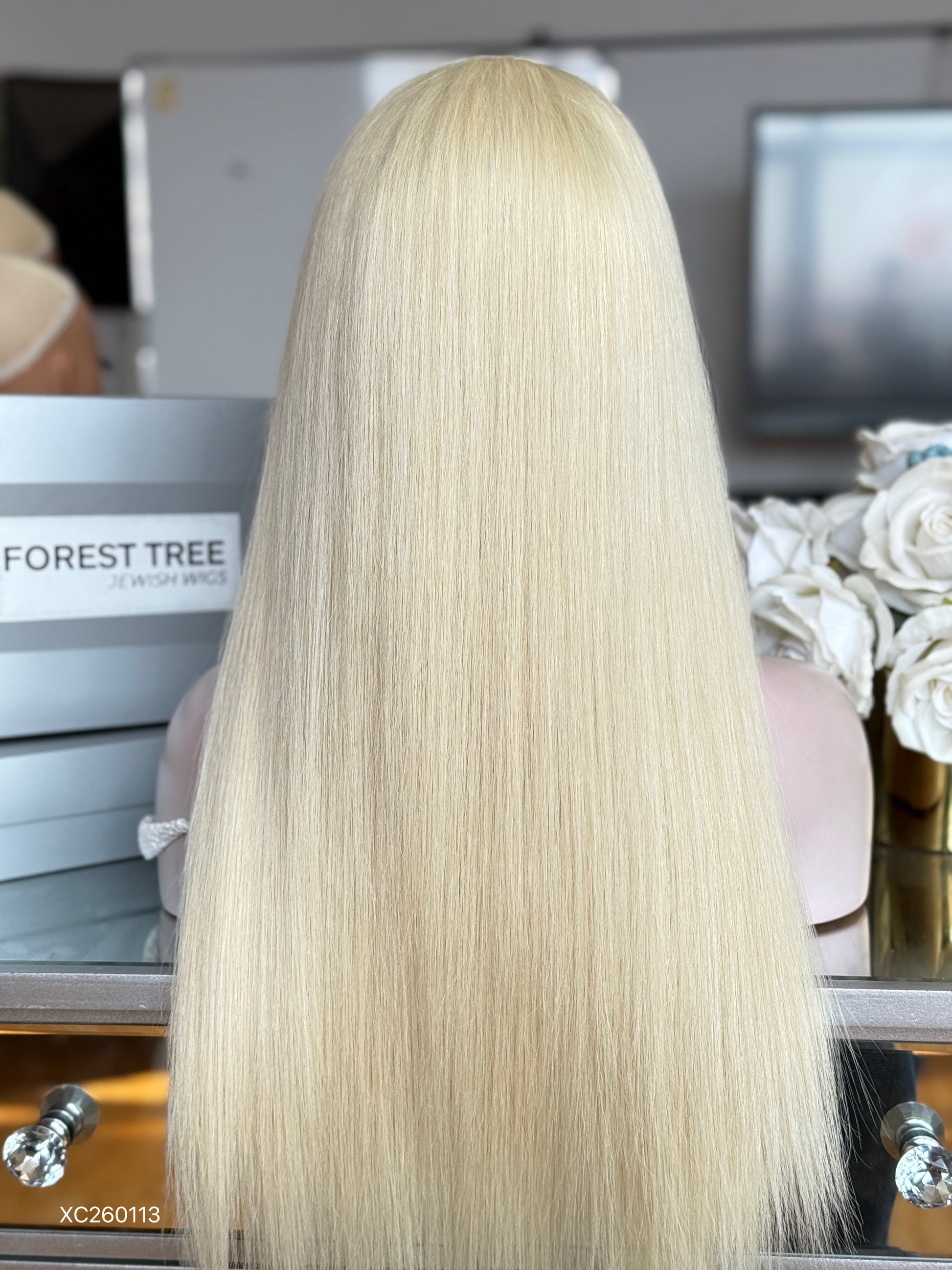 Light Blonde Middle-Part Long Straight Human Hair Sheitel Wig, product view 14