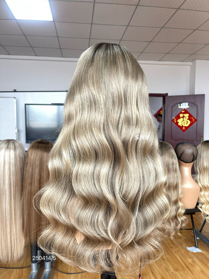 Ash Blonde Dark Root Middle-Part Body Wave Human Hair Lace Front Glueless Medical Wig, product view 15