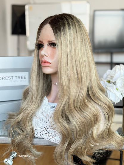 Dark Root Champagne Blonde Long Wavy Human Hair Sheitel Wig, product view 15