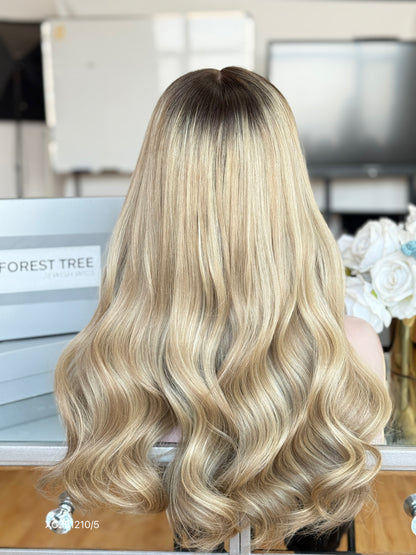 Dark Root Champagne Blonde Long Wavy Human Hair Sheitel Wig, product view 16