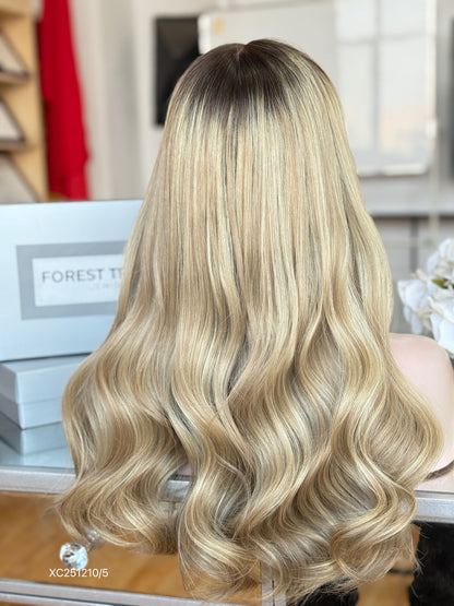 Dark Root Champagne Blonde Long Wavy Human Hair Sheitel Wig, product view 17