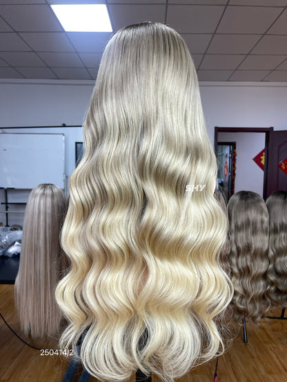 Ash Blonde Dark Root Middle-Part Body Wave Human Hair Lace Front Glueless Medical Wig, product view 18