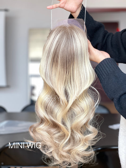 Platinum Champagne Blonde Long Wavy Human Hair Mini Wig - featured color and texture view