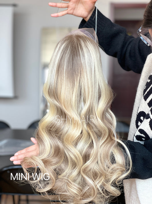 Platinum Champagne Blonde Long Wavy Human Hair Mini Wig - color, texture, blending, or base detail — alternate view