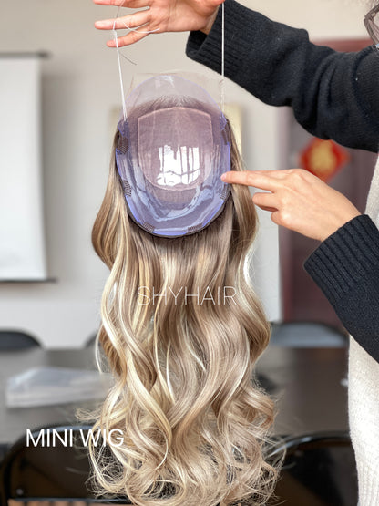 Platinum Champagne Blonde Long Wavy Human Hair Mini Wig - color, texture, blending, or base detail