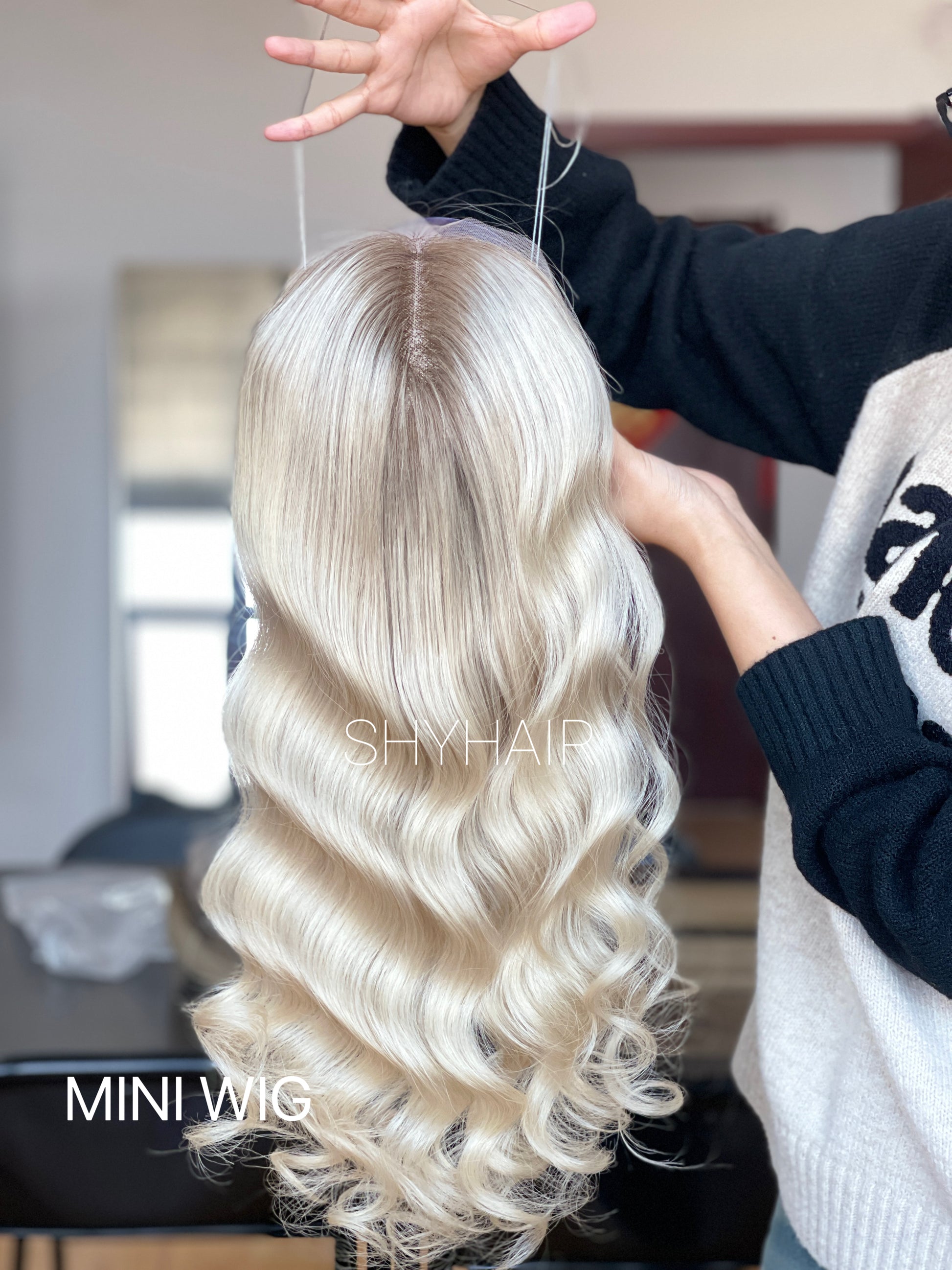 Platinum Champagne Blonde Long Wavy Human Hair Mini Wig - color, texture, blending, or base detail