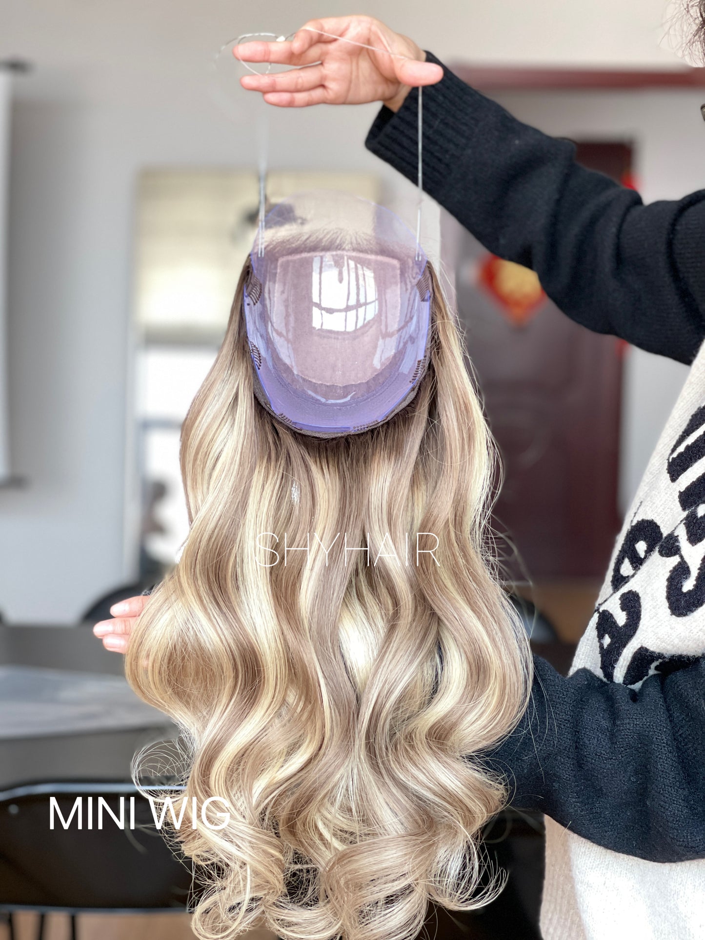 Platinum Champagne Blonde Long Wavy Human Hair Mini Wig - color, texture, blending, or base detail