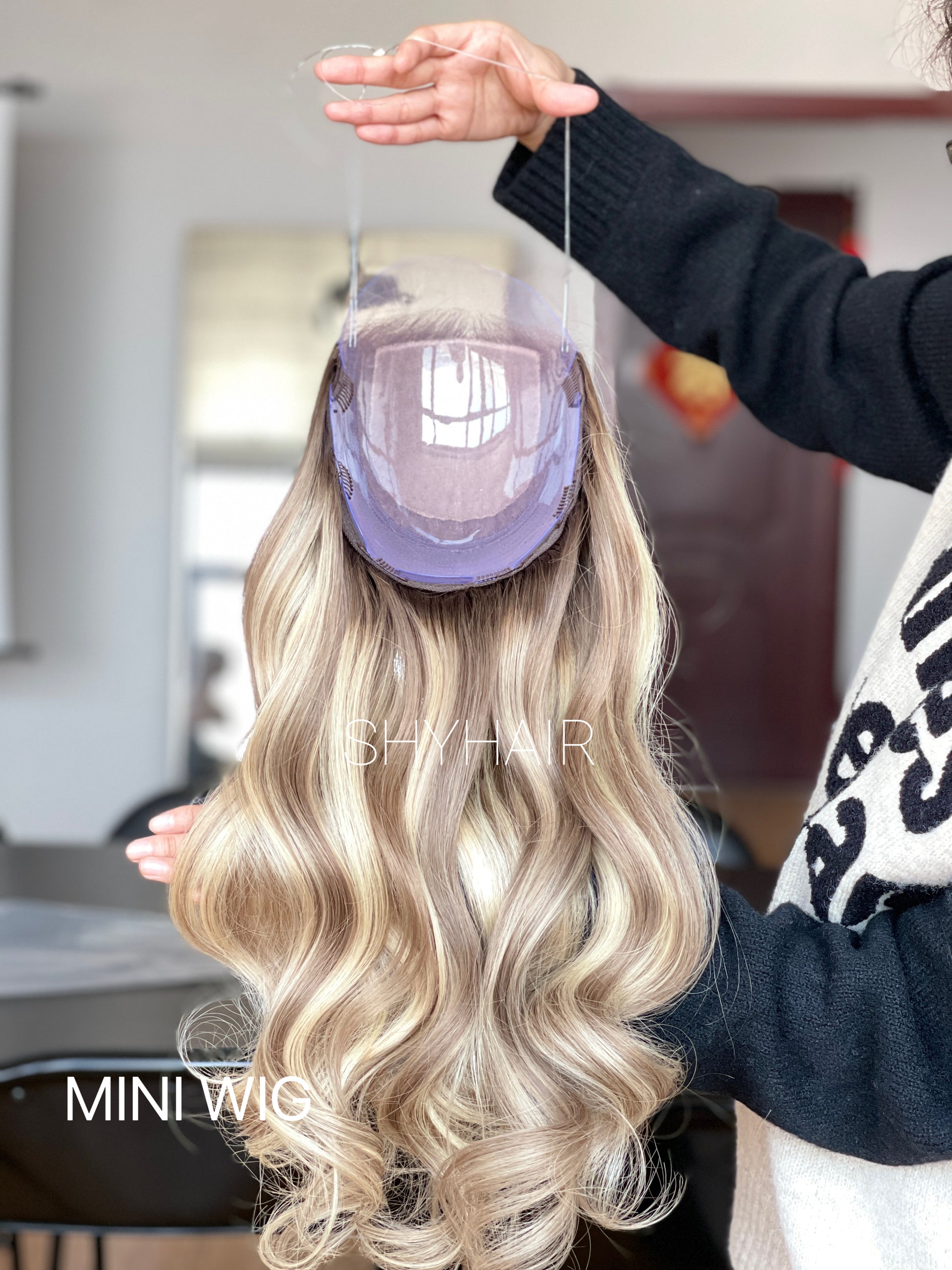 Platinum Champagne Blonde Long Wavy Human Hair Mini Wig - color, texture, blending, or base detail