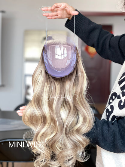 Platinum Champagne Blonde Long Wavy Human Hair Mini Wig - color, texture, blending, or base detail