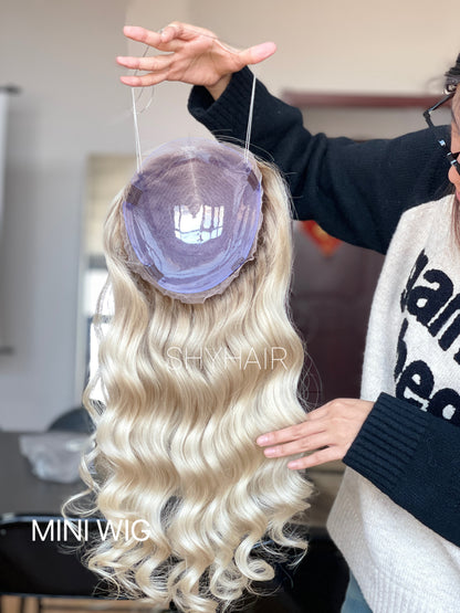 Platinum Champagne Blonde Long Wavy Human Hair Mini Wig - color, texture, blending, or base detail