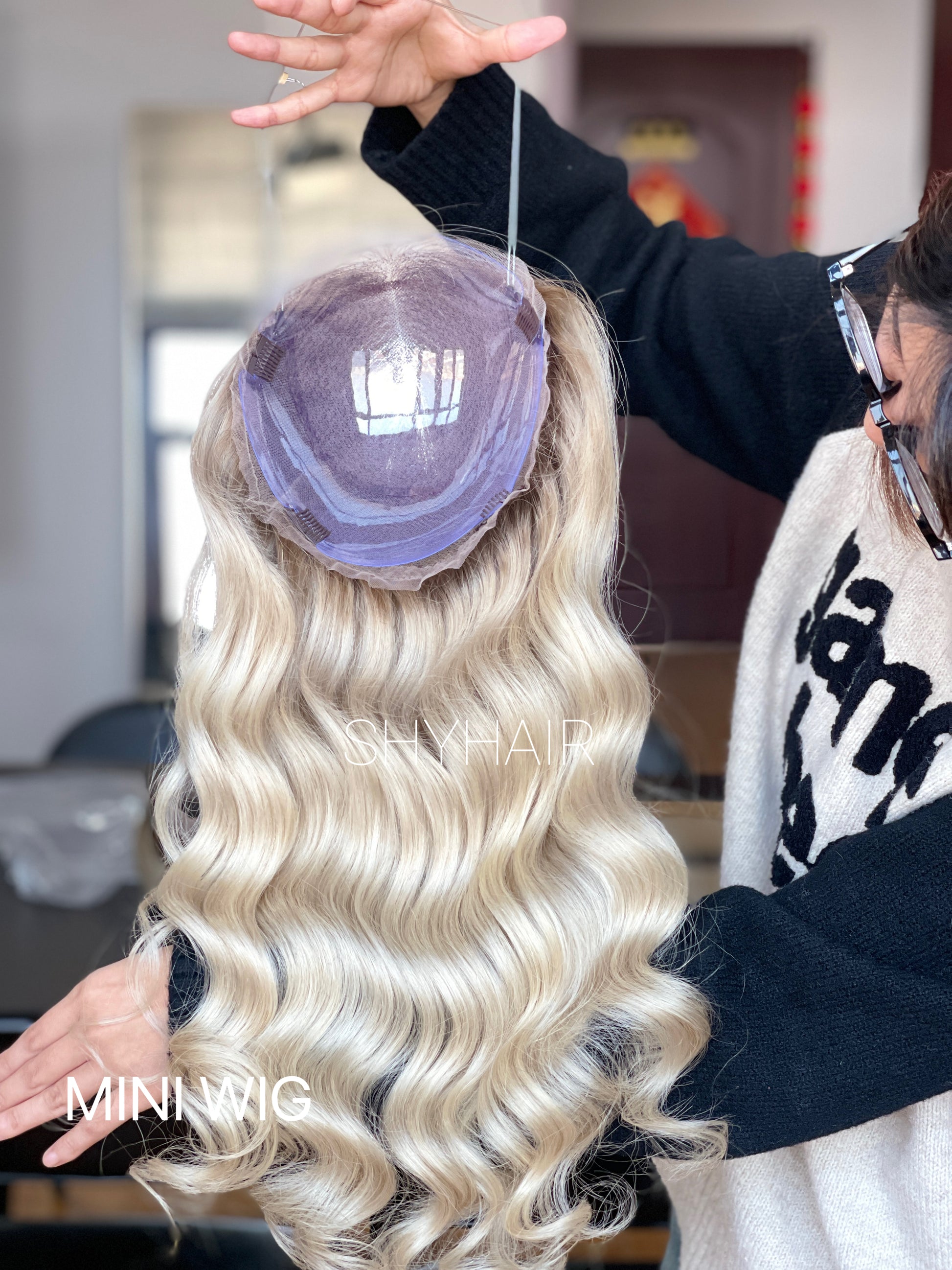 Platinum Champagne Blonde Long Wavy Human Hair Mini Wig - base and construction detail