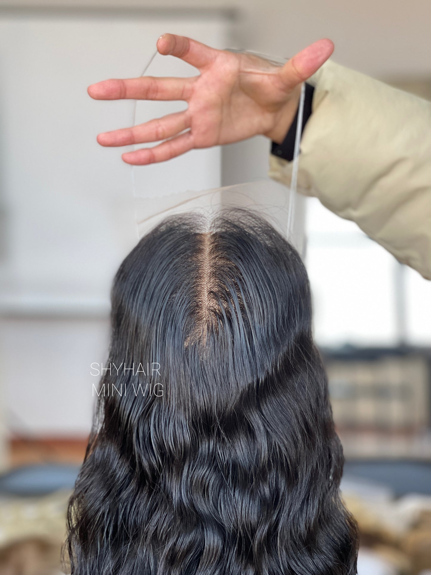 Natural Black Curly Human Hair Mini Wig - color, texture, blending, or base detail