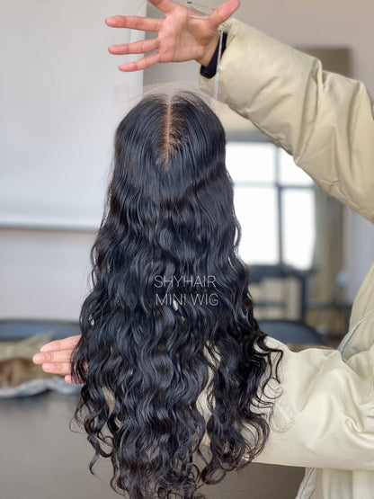 Natural Black Curly Human Hair Mini Wig - color, texture, blending, or base detail