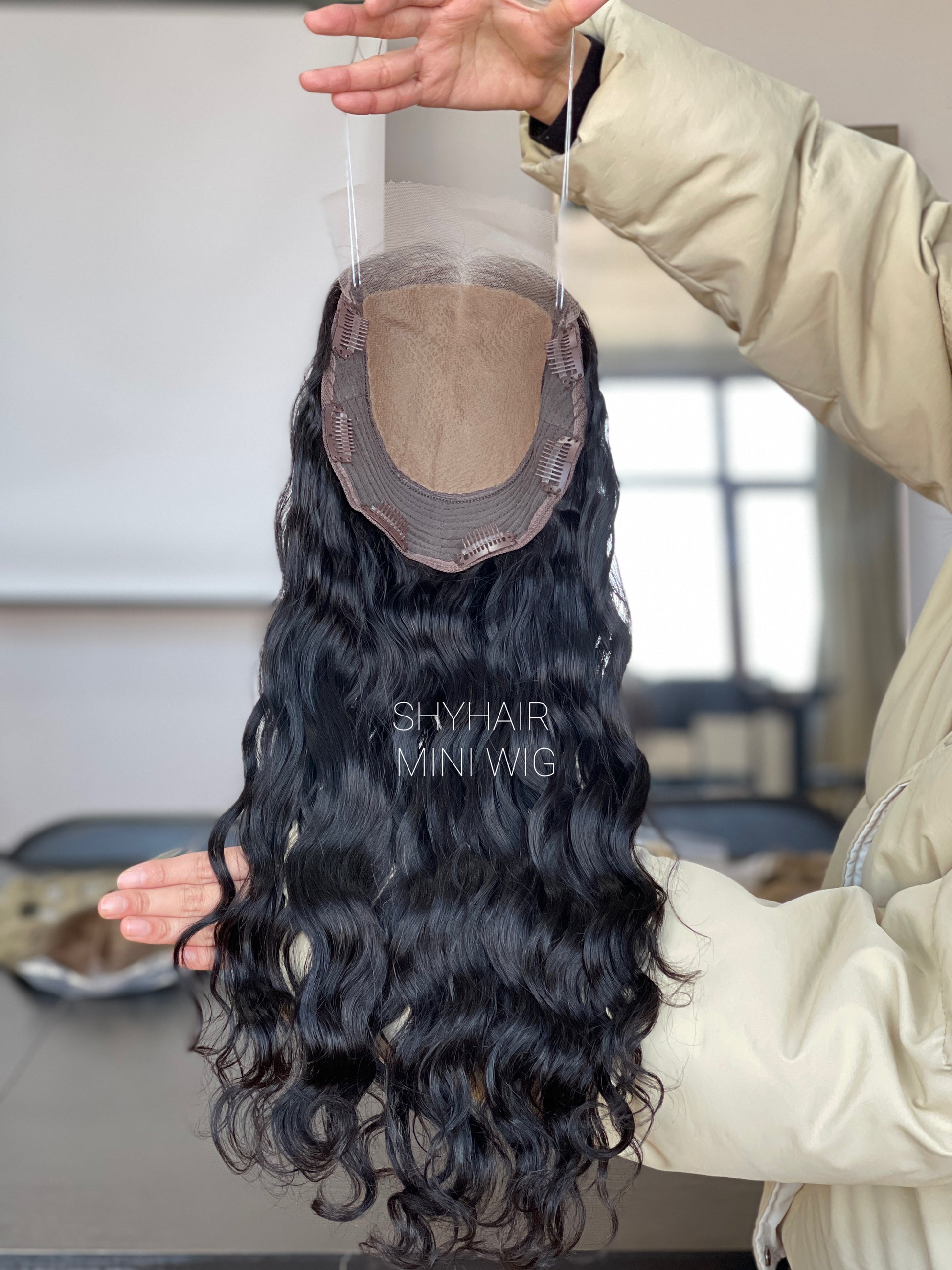 Natural Black Curly Human Hair Mini Wig - color, texture, blending, or base detail