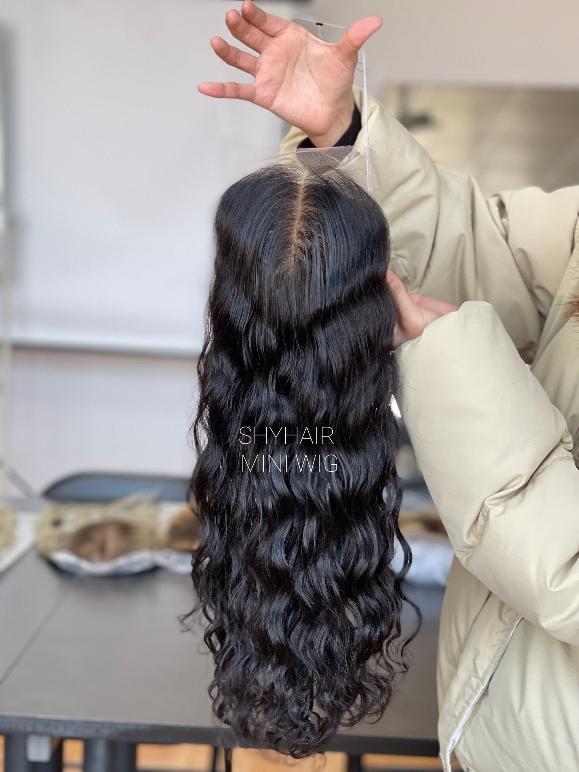 Natural Black Curly Human Hair Mini Wig - color, texture, blending, or base detail