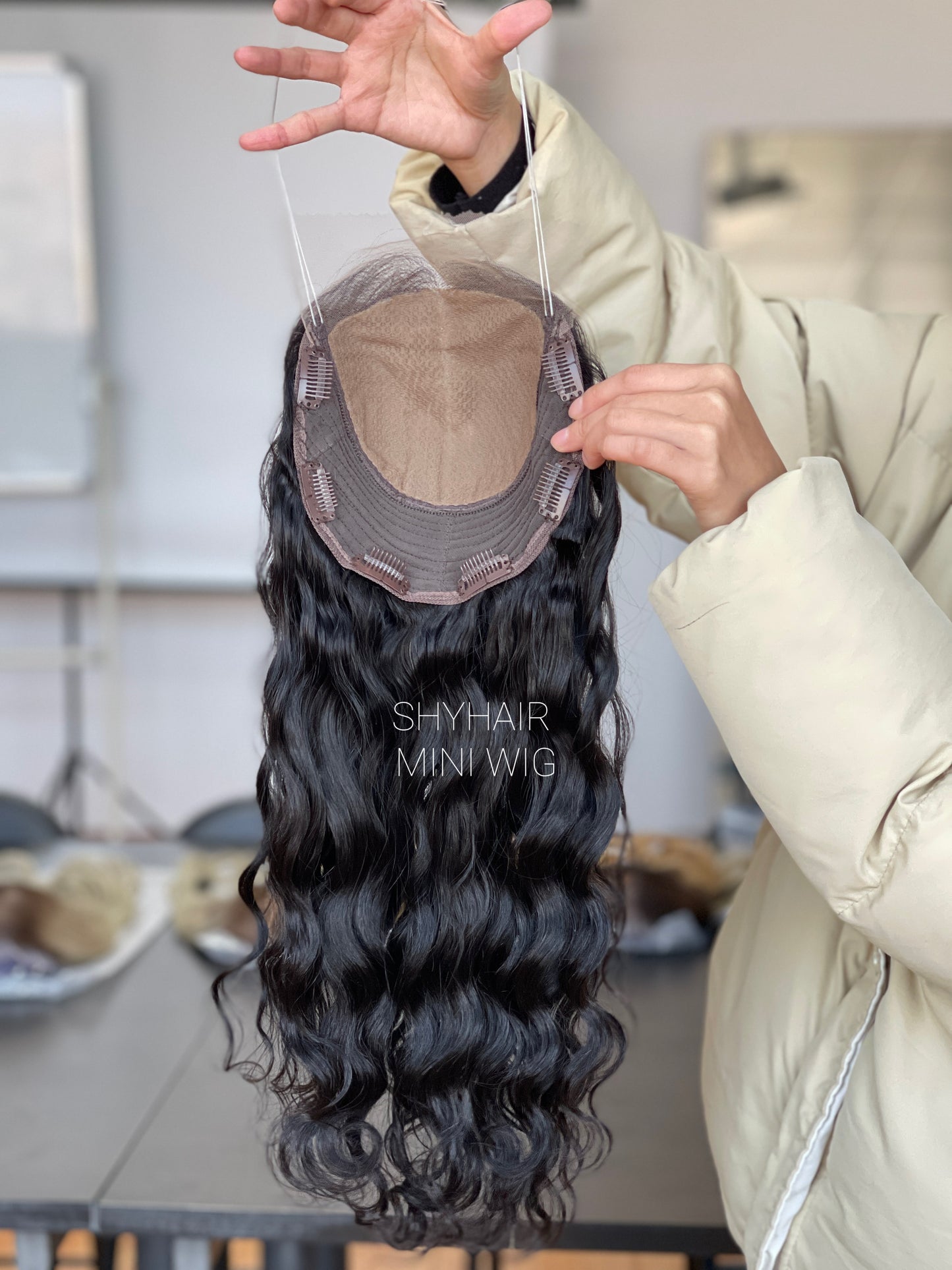 Natural Black Curly Human Hair Mini Wig - base and construction detail