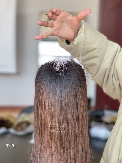 Dark Brown Straight Human Hair Mini Wig - color, texture, blending, or base detail