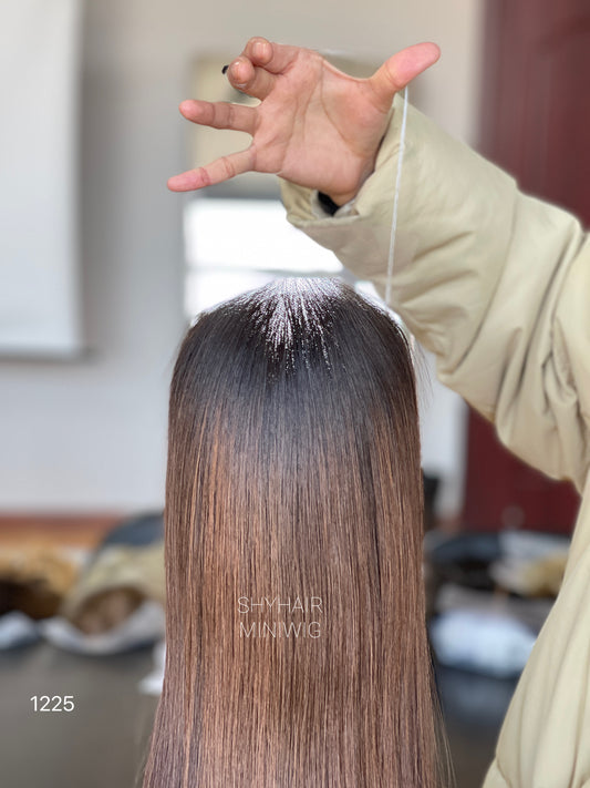 Dark Brown Straight Human Hair Mini Wig - color, texture, blending, or base detail — alternate view