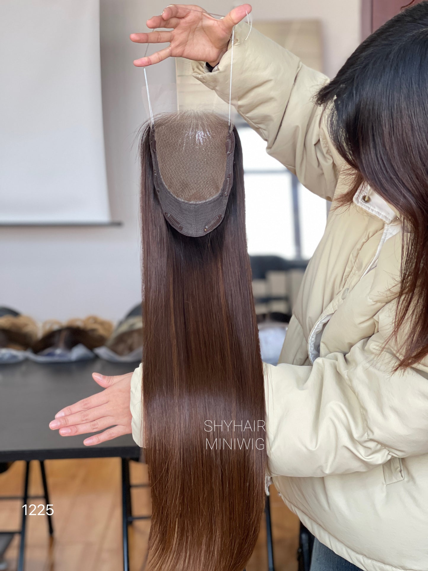 Dark Brown Straight Human Hair Mini Wig - color, texture, blending, or base detail