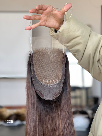 Dark Brown Straight Human Hair Mini Wig - color, texture, blending, or base detail