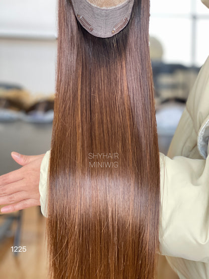 Dark Brown Straight Human Hair Mini Wig - color, texture, blending, or base detail