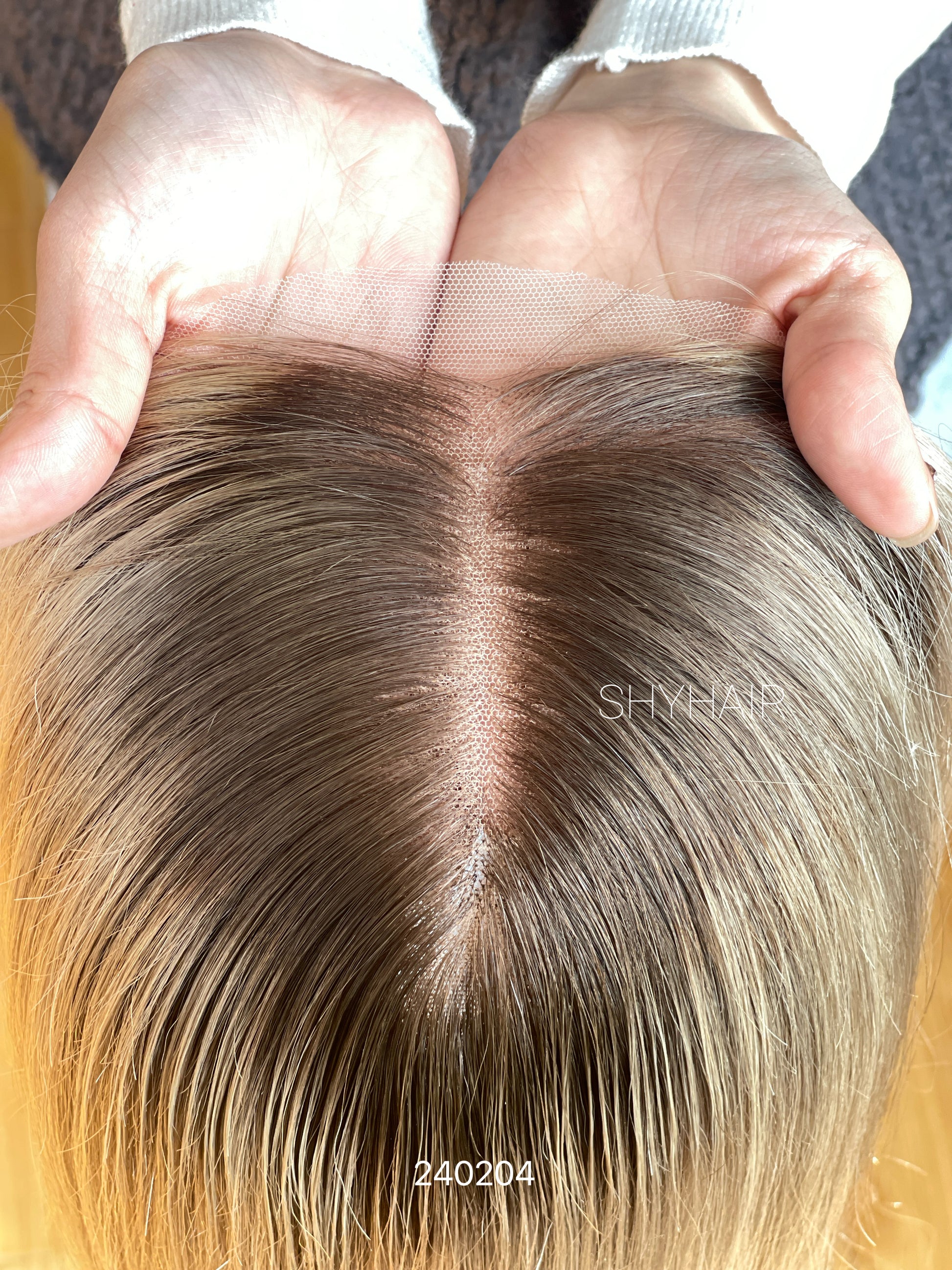 Dark-Root Ash Beige Blonde Straight Human Hair Mini Wig - featured color and texture view