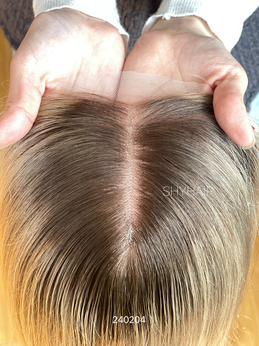 Dark-Root Ash Beige Blonde Straight Human Hair Mini Wig - featured color and texture view