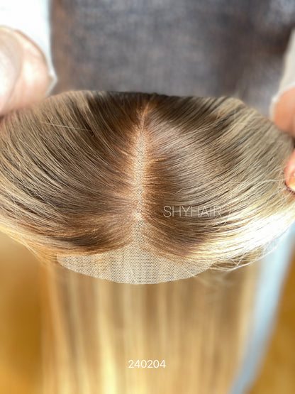Dark-Root Ash Beige Blonde Straight Human Hair Mini Wig - color, texture, blending, or base detail