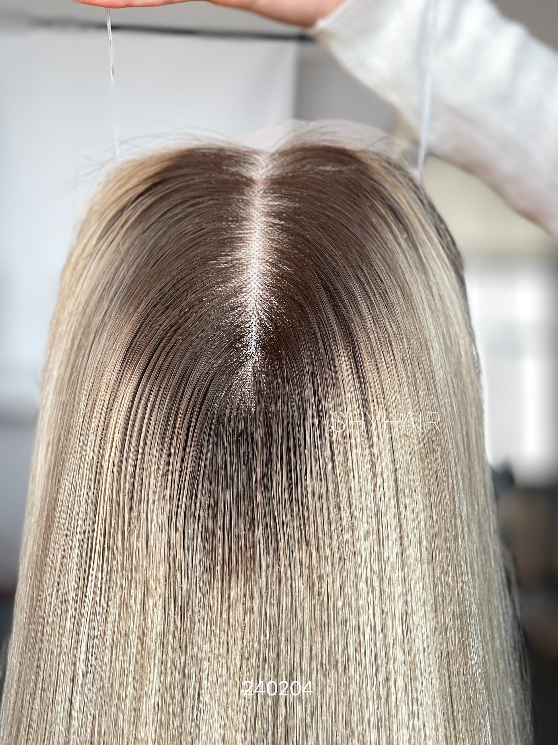 Dark-Root Ash Beige Blonde Straight Human Hair Mini Wig - base and construction detail