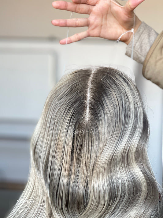 Dark-Root Silver Ash Blonde Wavy Human Hair Mini Wig - featured color and texture view