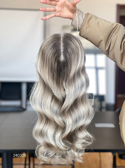 Dark-Root Silver Ash Blonde Wavy Human Hair Mini Wig - color, texture, blending, or base detail