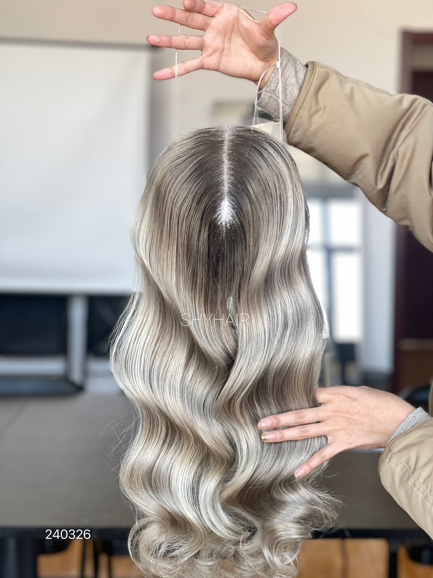 Dark-Root Silver Ash Blonde Wavy Human Hair Mini Wig - base and construction detail