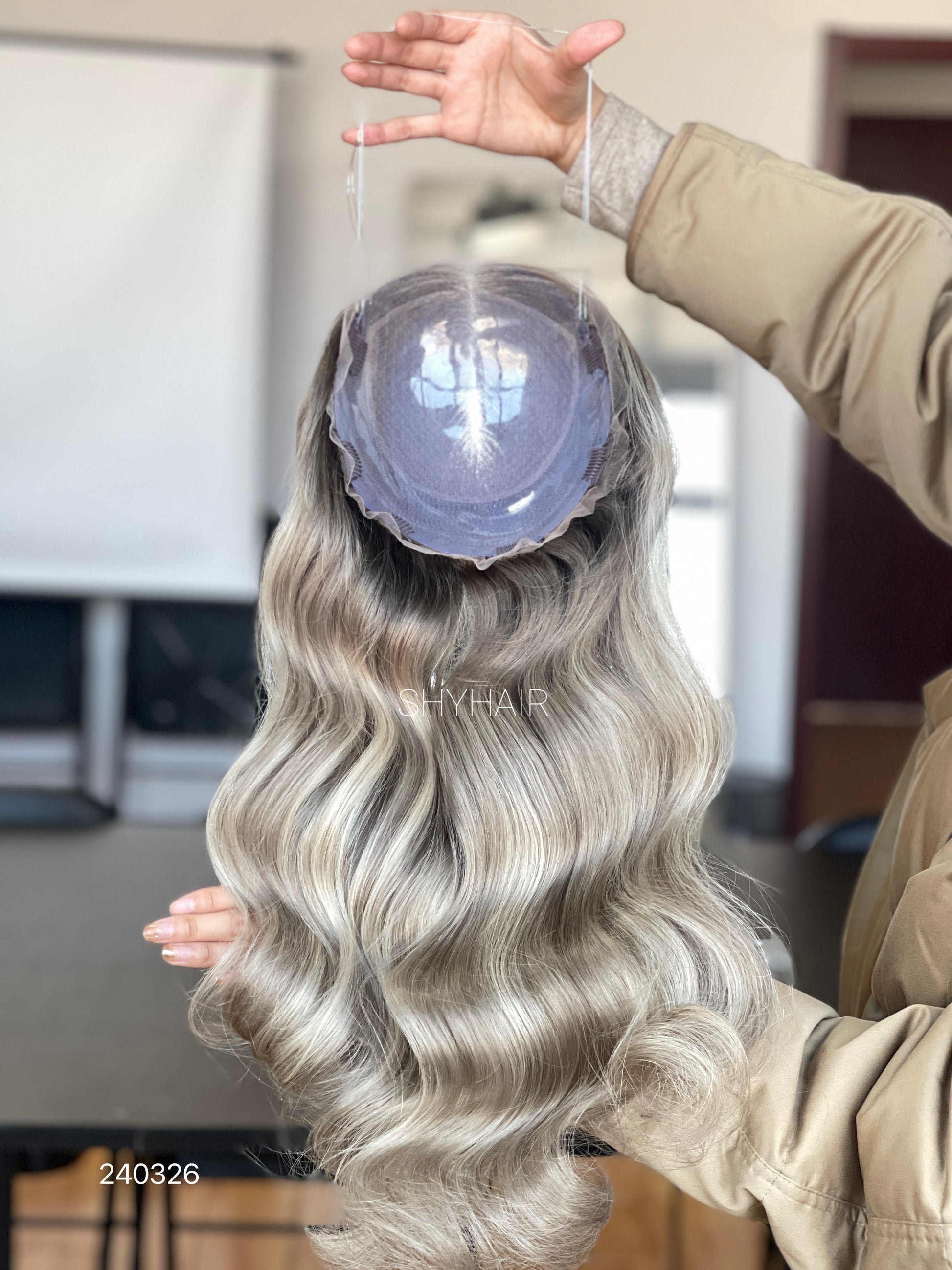 Dark-Root Silver Ash Blonde Wavy Human Hair Mini Wig - color, texture, blending, or base detail