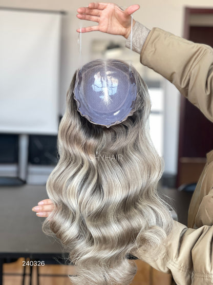 Dark-Root Silver Ash Blonde Wavy Human Hair Mini Wig - color, texture, blending, or base detail