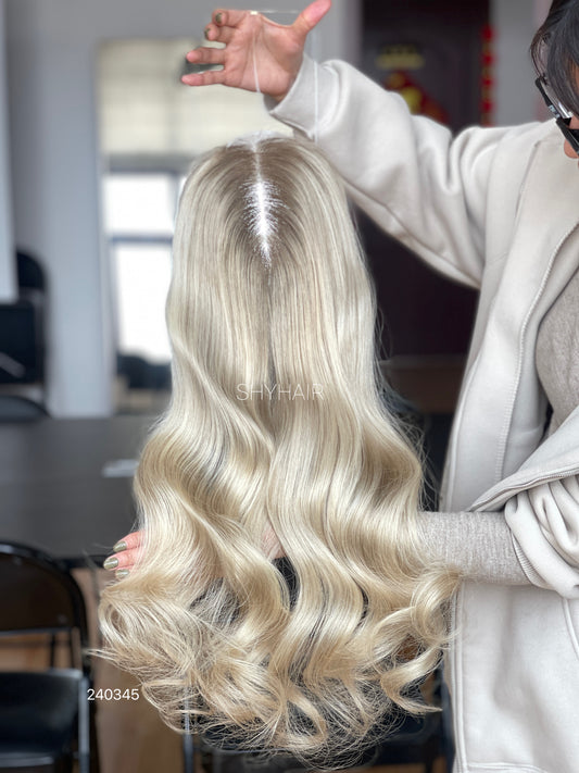 Platinum Champagne Blonde Long Loose-Wave Human Hair Mini Wig - featured color and texture view