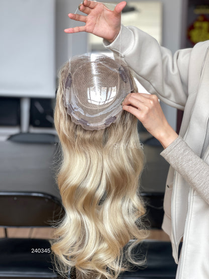 Platinum Champagne Blonde Long Loose-Wave Human Hair Mini Wig - color, texture, blending, or base detail