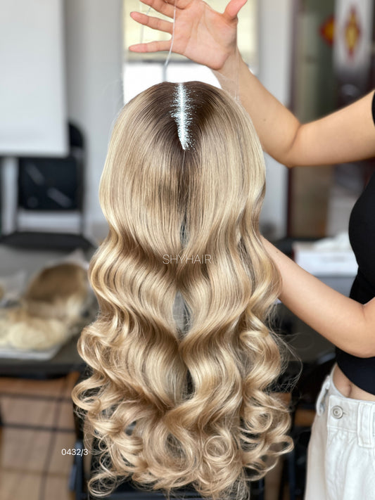 Rooted Beige Blonde Curly Human Hair Mini Wig - featured color and texture view