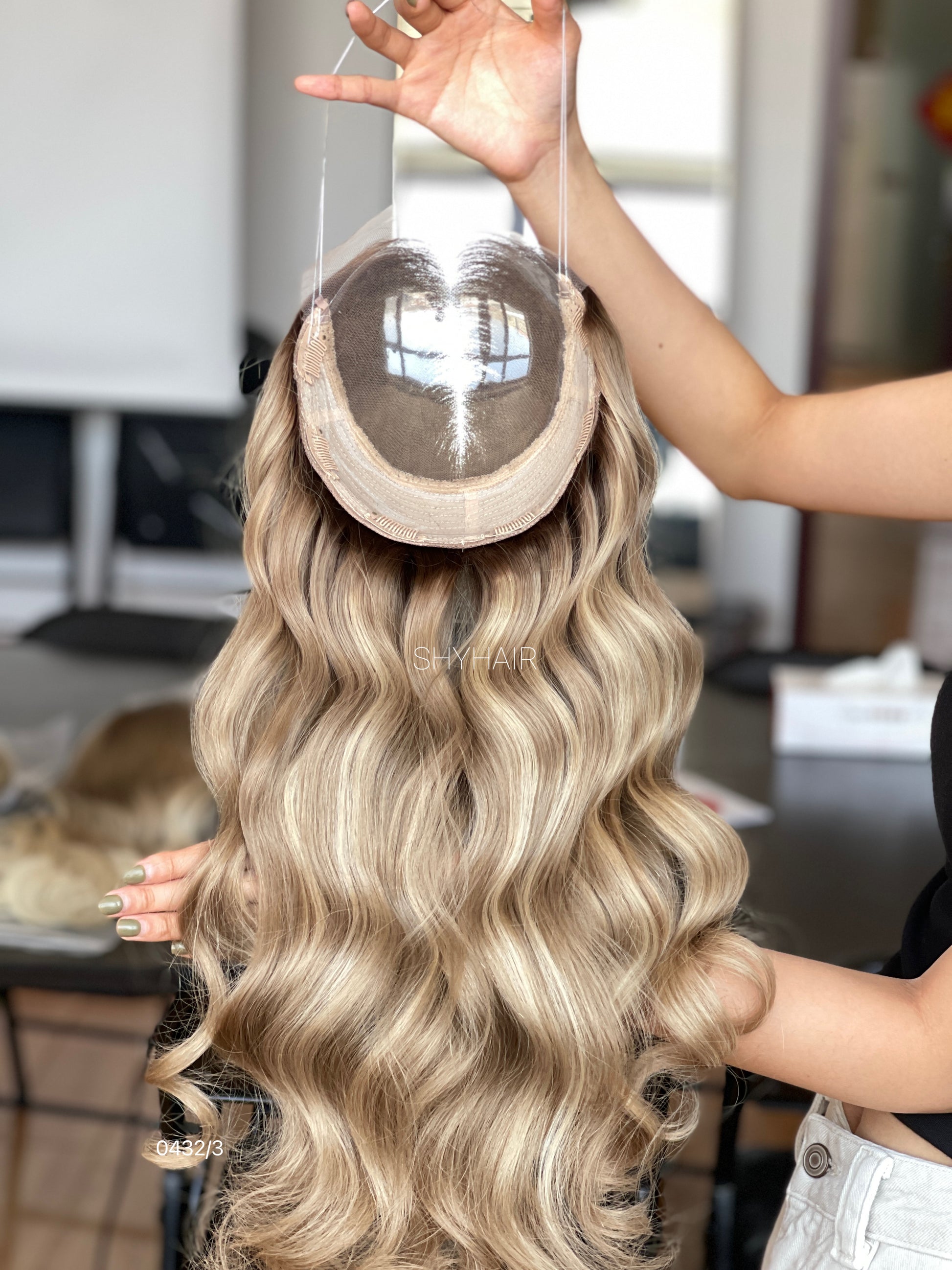 Rooted Beige Blonde Curly Human Hair Mini Wig - base and construction detail