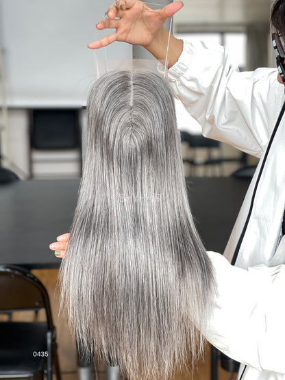 Cool Silver Gray Long Straight Human Hair Mini Wig - featured color and texture view