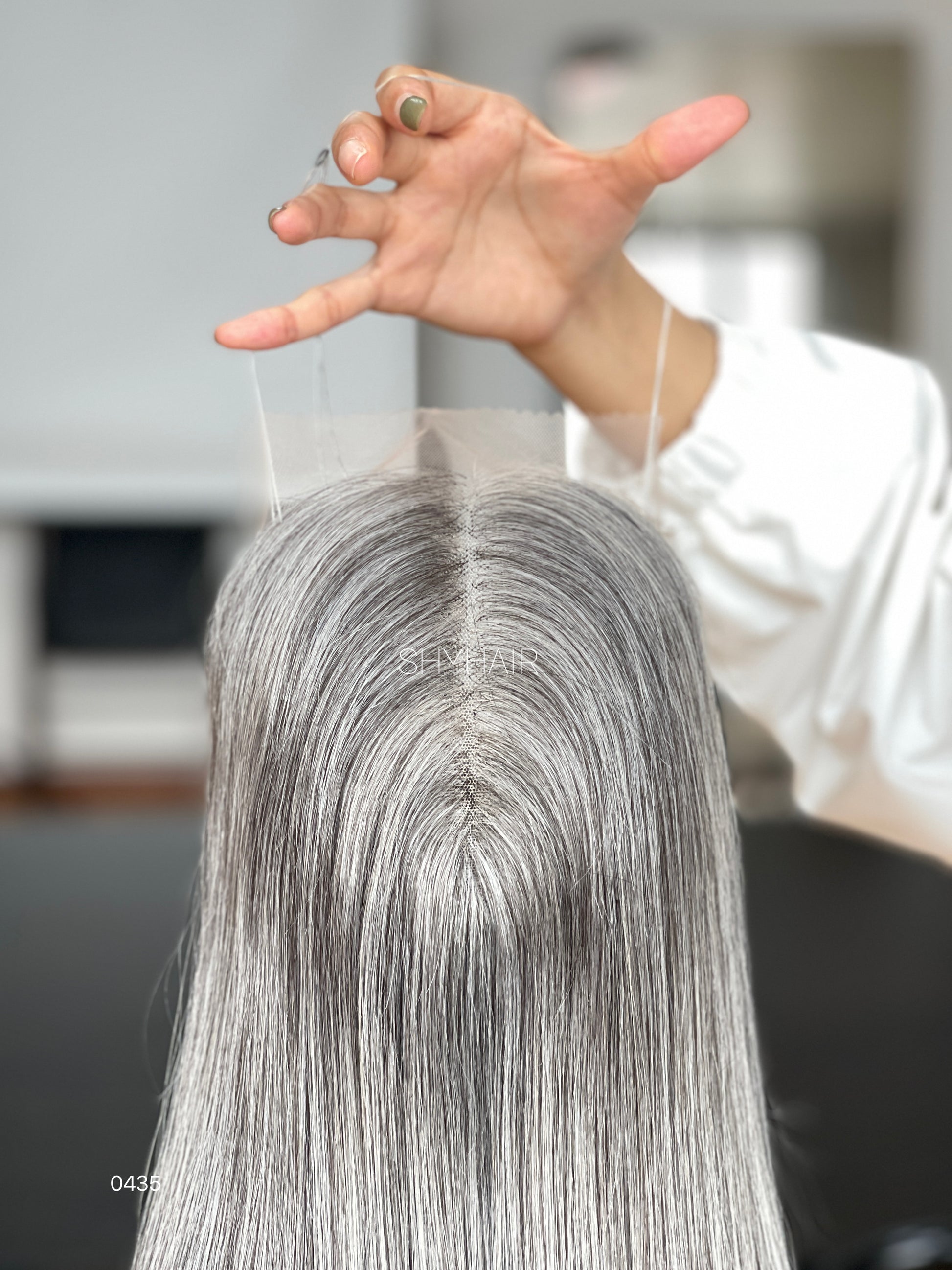Cool Silver Gray Long Straight Human Hair Mini Wig - color, texture, blending, or base detail