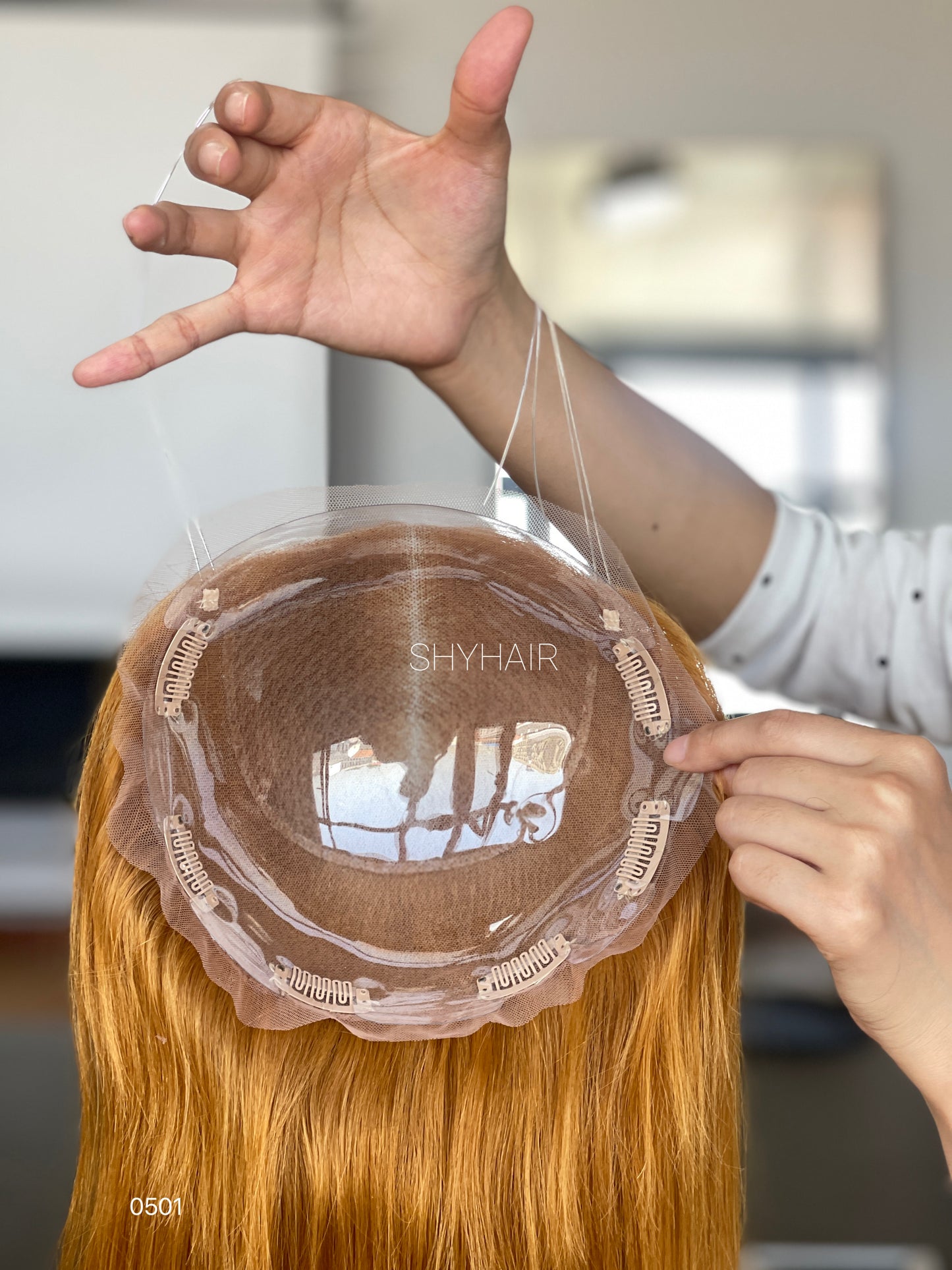 Copper Auburn Straight Human Hair Mini Wig - color, texture, blending, or base detail